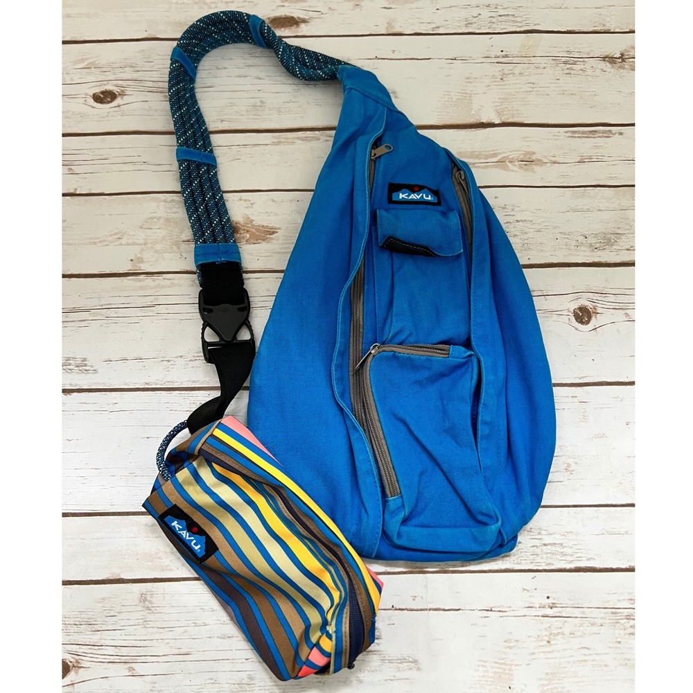 KAVU Rope Bag Sling Backpack Blue Canvas with Striped Belt Bag Set OS